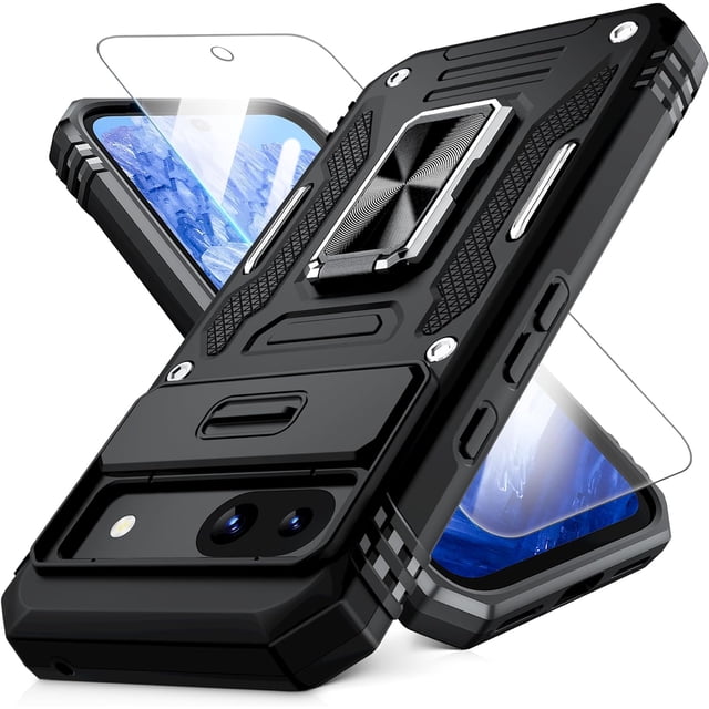 Tianle for Google Pixel 8A Case with Slide Camera Cover+Screen Protector(1 Pack), 360° Rotated Ring Kickstand Military Grade Shockproof Heavy Duty Protective Cover, Black