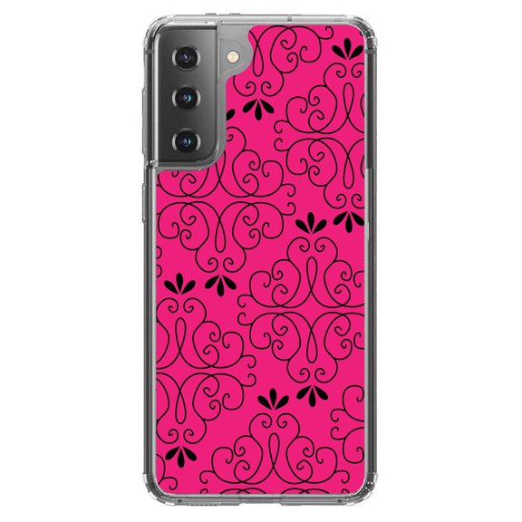 DistinctInk Clear Shockproof Hybrid Case for Galaxy S21  PLUS 5G (6.7" Screen) - TPU Bumper, Acrylic Back, Tempered Glass Screen Protector - Neon Pink Black Floral Pattern
