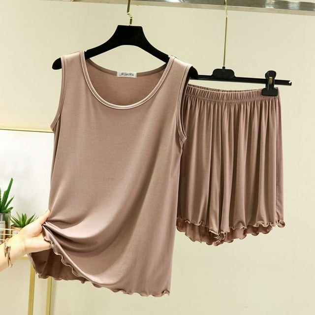 Qtocio Womens Sleep Set,2 Piece Summer Soft Knit Solid Color Crew Neck Sleeveless Top and Shorts Casual Soft Sleepwear