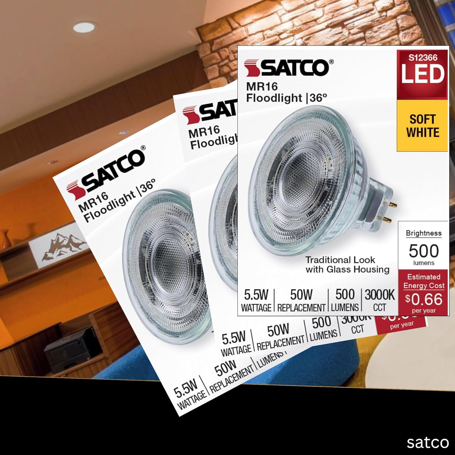 Satco S12366 MR16 LED Flood Light Bulbs 12V 5.5W 3000K GU5.3 Base Dimmable (12 Pack)