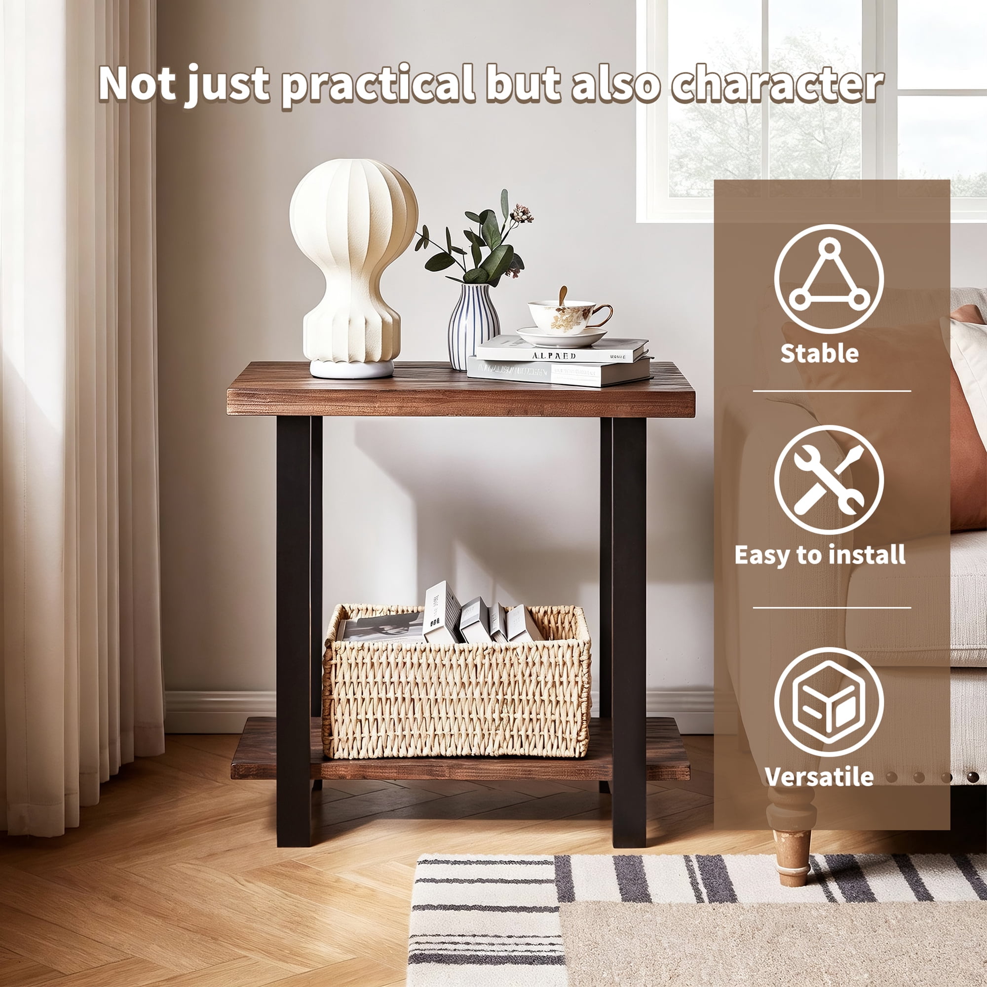End Table 27.16 Inch, 2-Tier Industrial Side Table with Solid Pine Top and Rubberwood Legs, Sofa Table and Nightstand for Living Room and Bedroom, Walnut