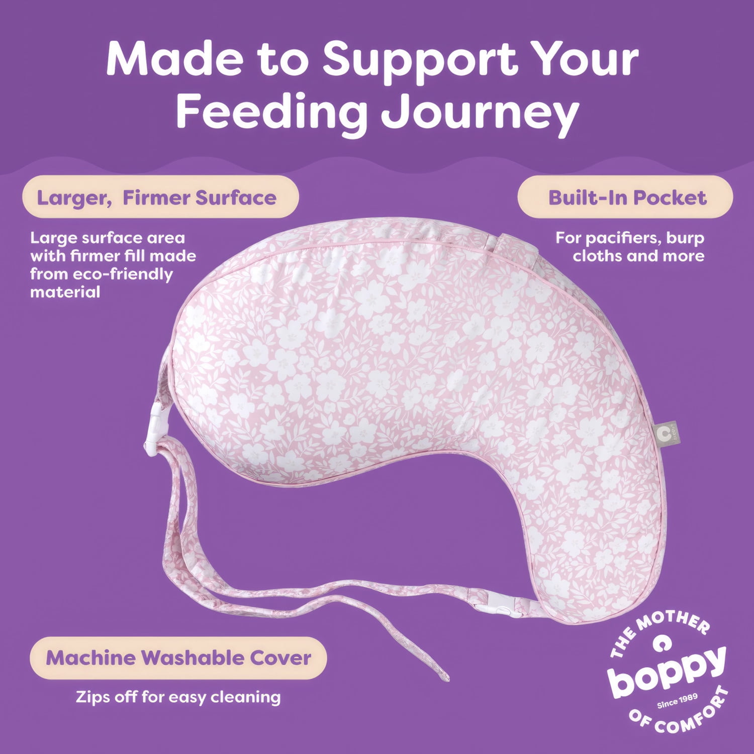 Boppy Uplift Nursing Pillow - Wedge Bottle & Breastfeeding Pillow to Reduce Spit-Up and Reflux Symptoms, with Body-Inclusive Opening And Adjustable Belt - Pink Frost Floral