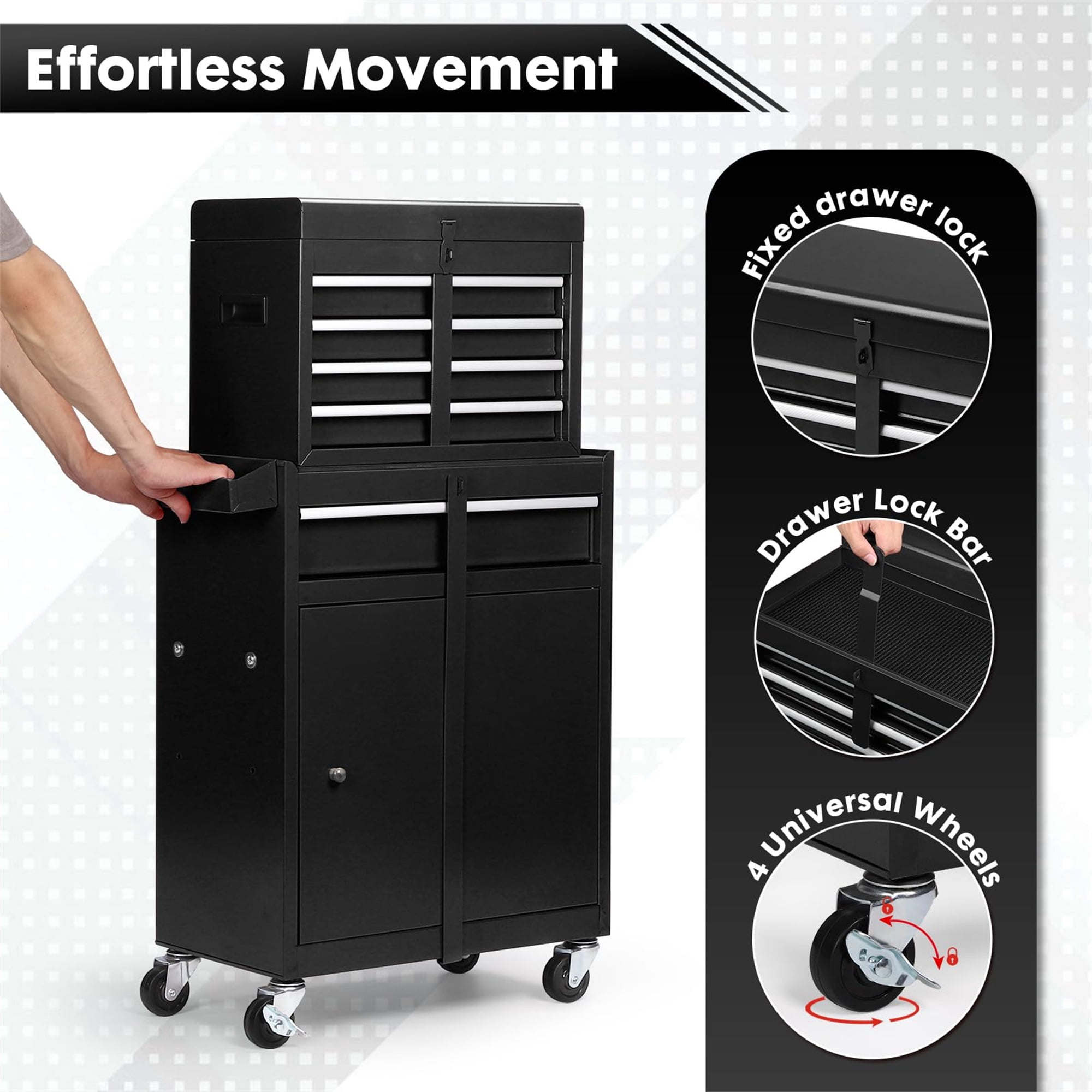 Aukfa Tool Chest, 2 in 1 Steel Rolling Tool Box & Cabinet On Wheels for Garage, 5-Drawer, Black