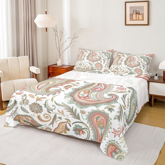 Manfei Paisley Flower Queen Sheet Sets,Boho Theme Flat Sheet,Orange Green White Queen Fitted Sheet For Adults,Microfiber Bedroom Decor,4pcs