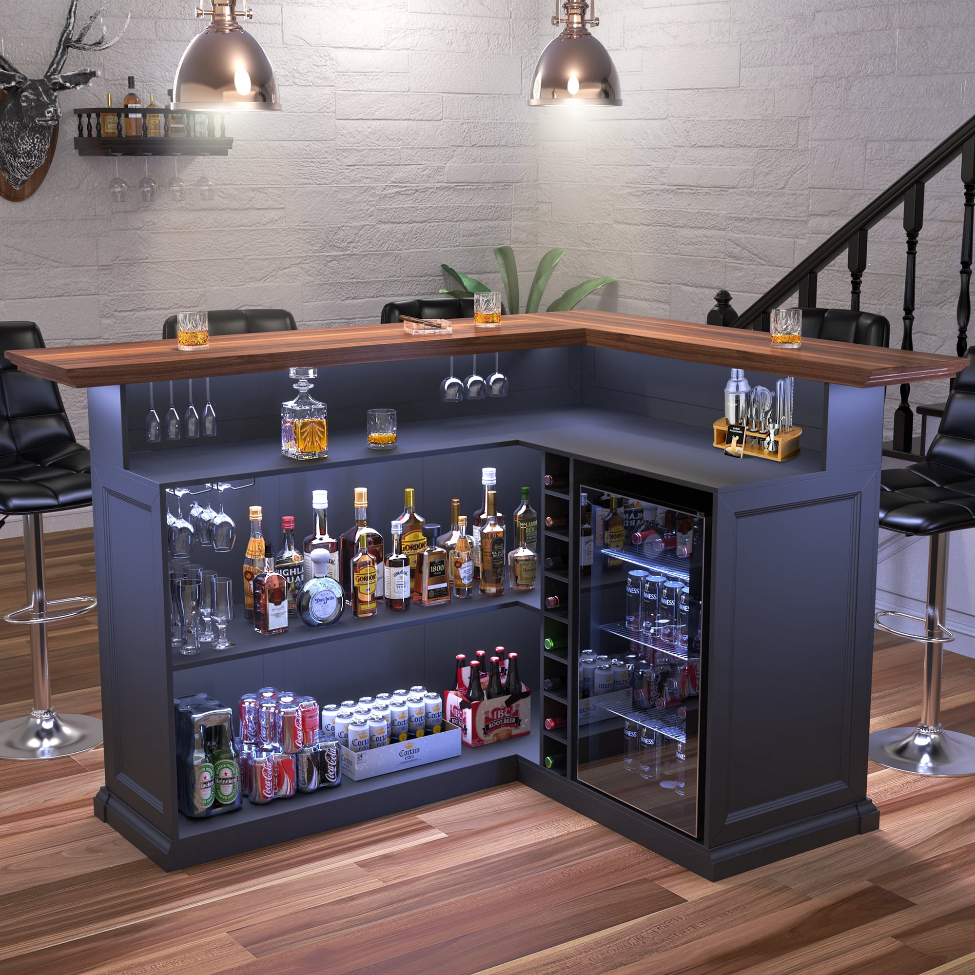 L Shaped Home Bar Cabinet with Fridge Space, Oversized Modern Basement Bar Table