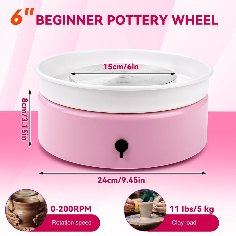 Mini Pottery Wheel，9.45”Pottery Wheel for Adults Beginners Kids, Movable Turntable with Adjustable Speed with 16 Pottery Shaping Tools，Pink