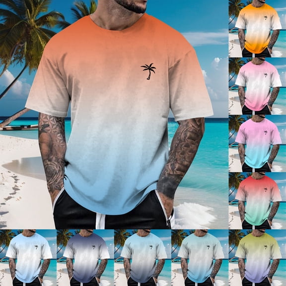 TrendOFT Shirts for Men Graphic Tees Dual Tone Gradient Coconut Tree Tops Short Sleeve Crew Neck Casual Summer Beach Lightweight Mens Tees A L