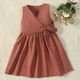 thumbnail image 4 of DAETIROS Girls Red Dress Sleeveless Cotton Linen for Kids Kids, V-Neck A-Line Summer & Party Dress with Detachable Bow, Age 2-8,Size 1-2T, 4 of 5