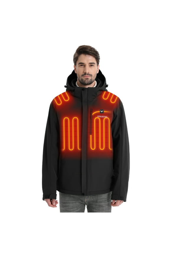 Heated Jacket for Men with Battery Pack 7.4V, Windproof Detachable Hood USB Charging Winter Heated Coat for Hiking Skiing Camping(Black, S)