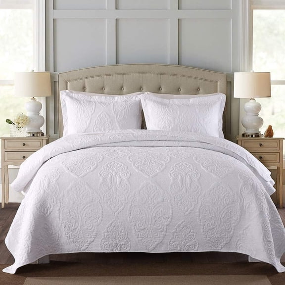 DBOZE 100% Cotton Lightweight Embroidered Quilt Set – Soft, Cozy Bedspread, High-Density Fabric, King/Cal King, White