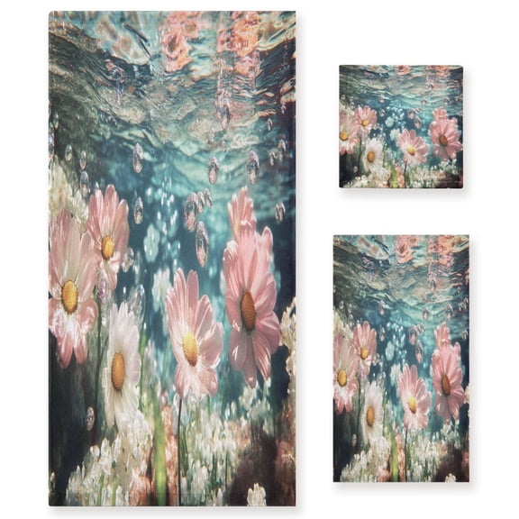 BZSMCE 3piece Bath Towel Sets Hand Bath Towels Fashion Underwater Pink and White Flowers Printed Towel Sets