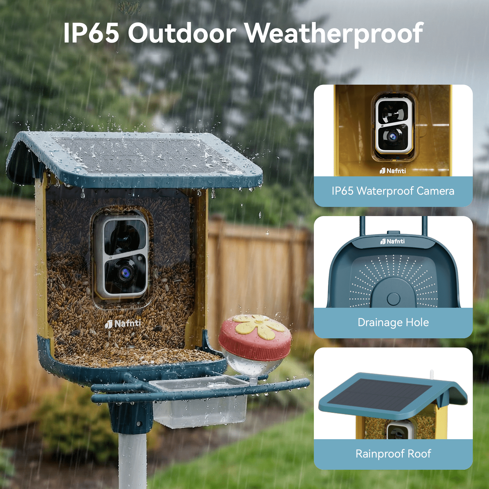 Nafnti Smart Bird Feeder, 5GHz/2.4GHz, 2K HD Bird Feeder Camera with Solar Roof, AI Bird Species Identify, IP65 Waterproof Rating, for Bird Watcher Gift, Blue