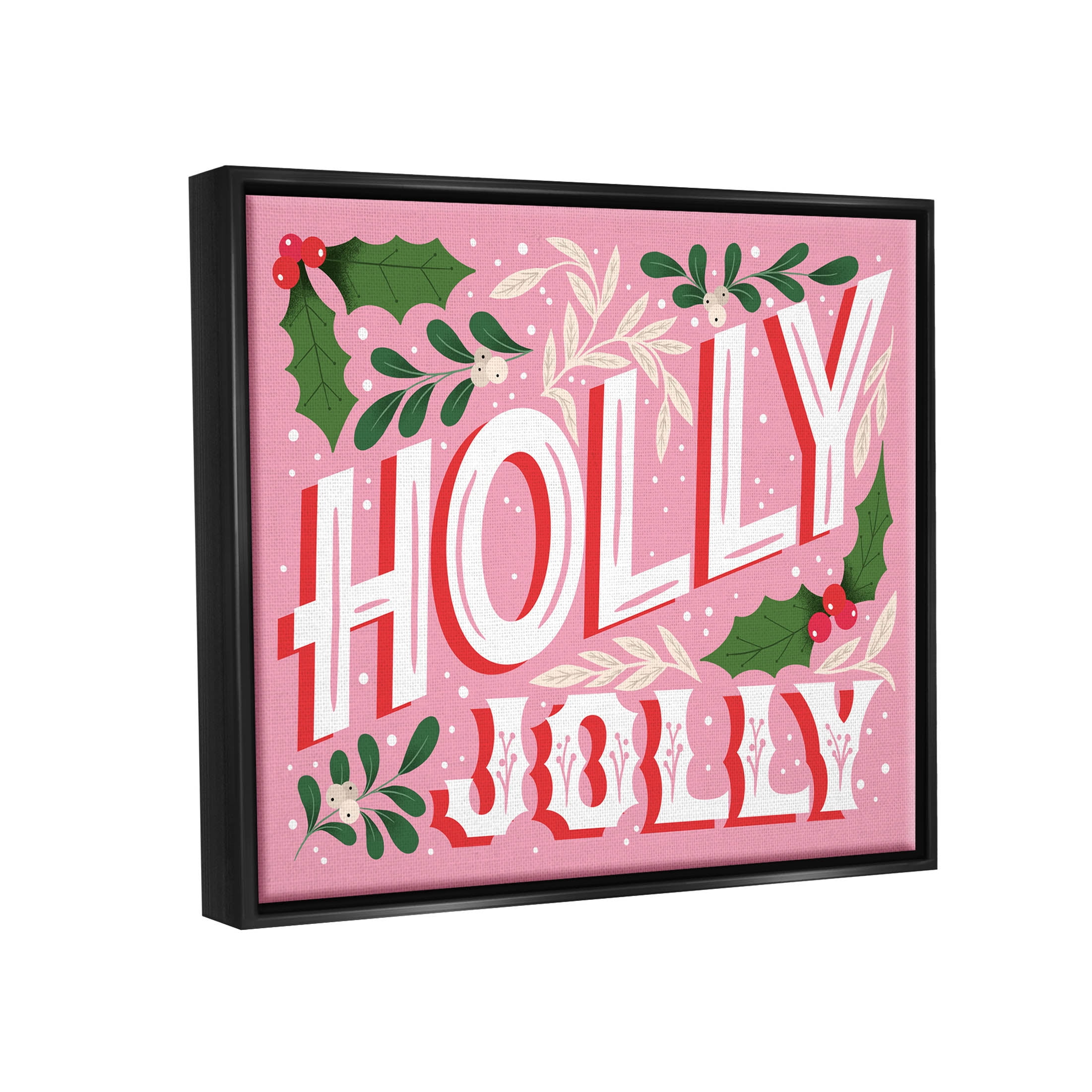 Stupell Industries Bold Pink Holly Jolly Phrase Graphic Art Jet Black Floating Framed Canvas Print Wall Art, Design by The Saturday Evening Post