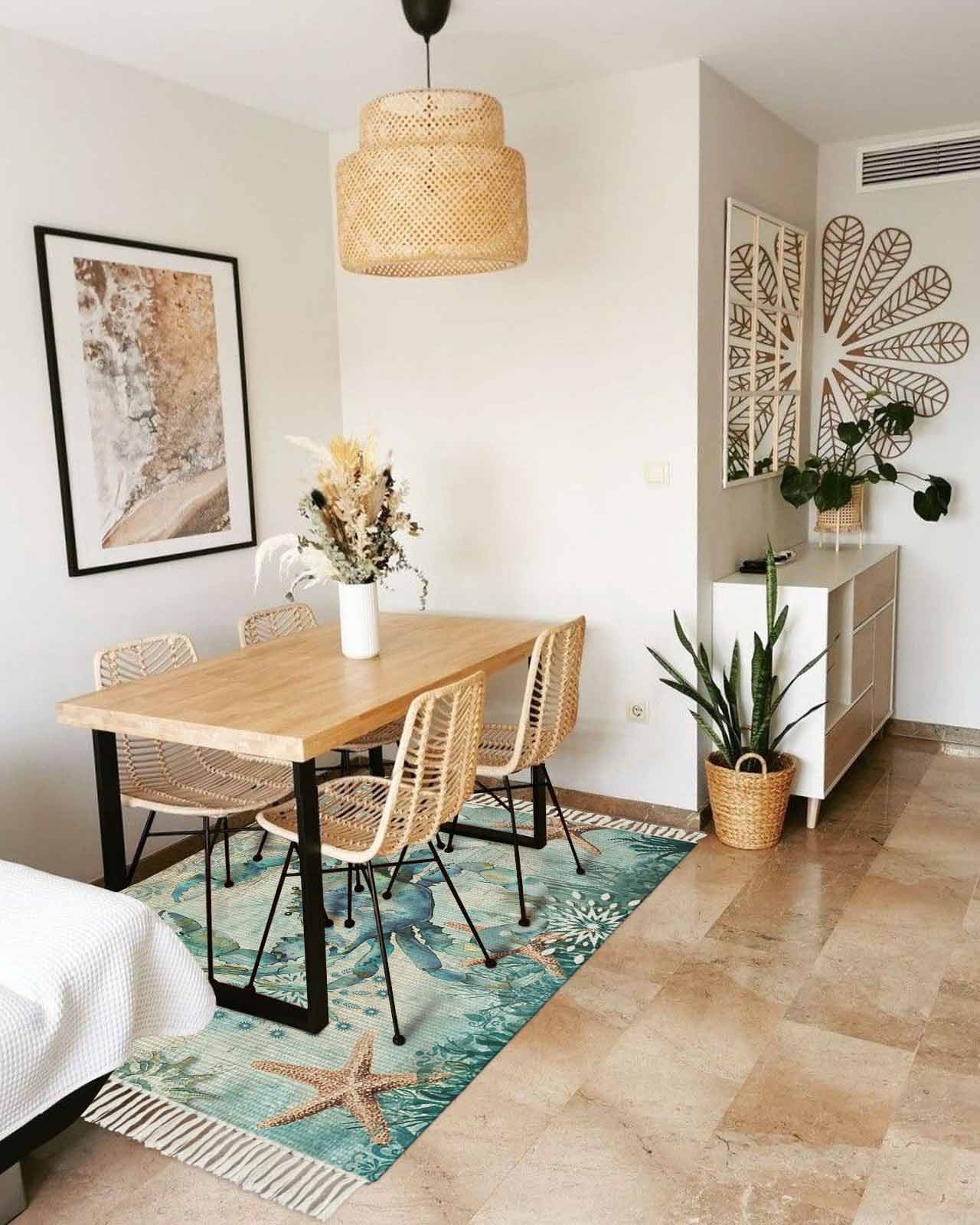 Coastal Crab Bath Rug 2x3ft Woven Bathroom Entryway Runner Rug,Teal Nautical Beach Starfish Vintage Washable Living Room Hallway Bedroom Kitchen Carpet with Tassels,Indoor Outdoor Throw Doormat