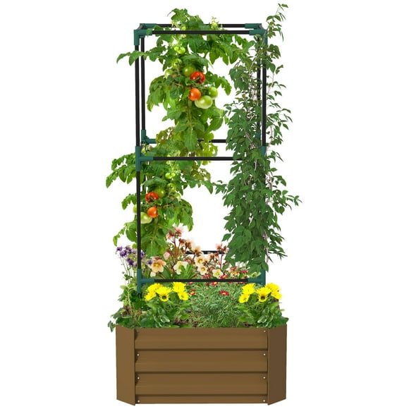 Outsunny Galvanized Raised Garden Bed with 3-Tier Trellis Tomato Cage Brown