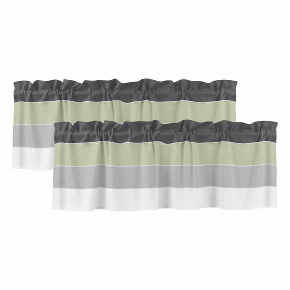 Grey Green Striped Valances for Windows 2 Panels, Light Filtering Kitchen Curtains Window Valance for Living Room Bedroom, Farmhouse Modern Rod Pocket Short Window Treatments 42"Wx18"L