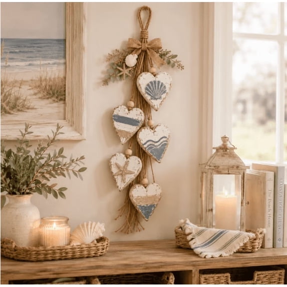 Entryway Rustic Neutral Hanging Heart Wall Decor, Ocean Themed Five Hearts Wall Hanging, Rustic Wooden Bead Coastal Decor for Beach House Entryway（Ocean A）