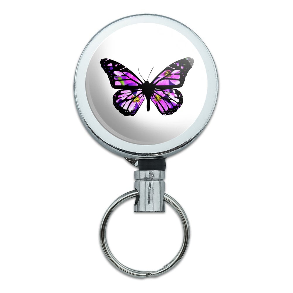 Blue Butterfly Purple Flowers Retractable Reel Chrome Badge ID Card Holder Clip 
