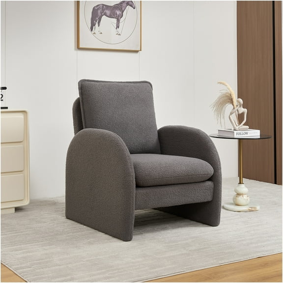 JERFIT Modern Sherpa Accent Chair, Plush Upholstered Armchair with Ergonomic Support for Living Room, Bedroom, and Office, Soft Reading Chair in Gray