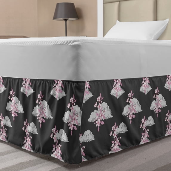 Floral Bed Skirt, Repetitive Japanese Sakura Blossom on Cloud Simplistic Illustration, Elastic Bedskirt Dust Ruffle Wrap Around for Bedding Decor, 4 Sizes, Dimgray Baby Pink, by Ambesonne
