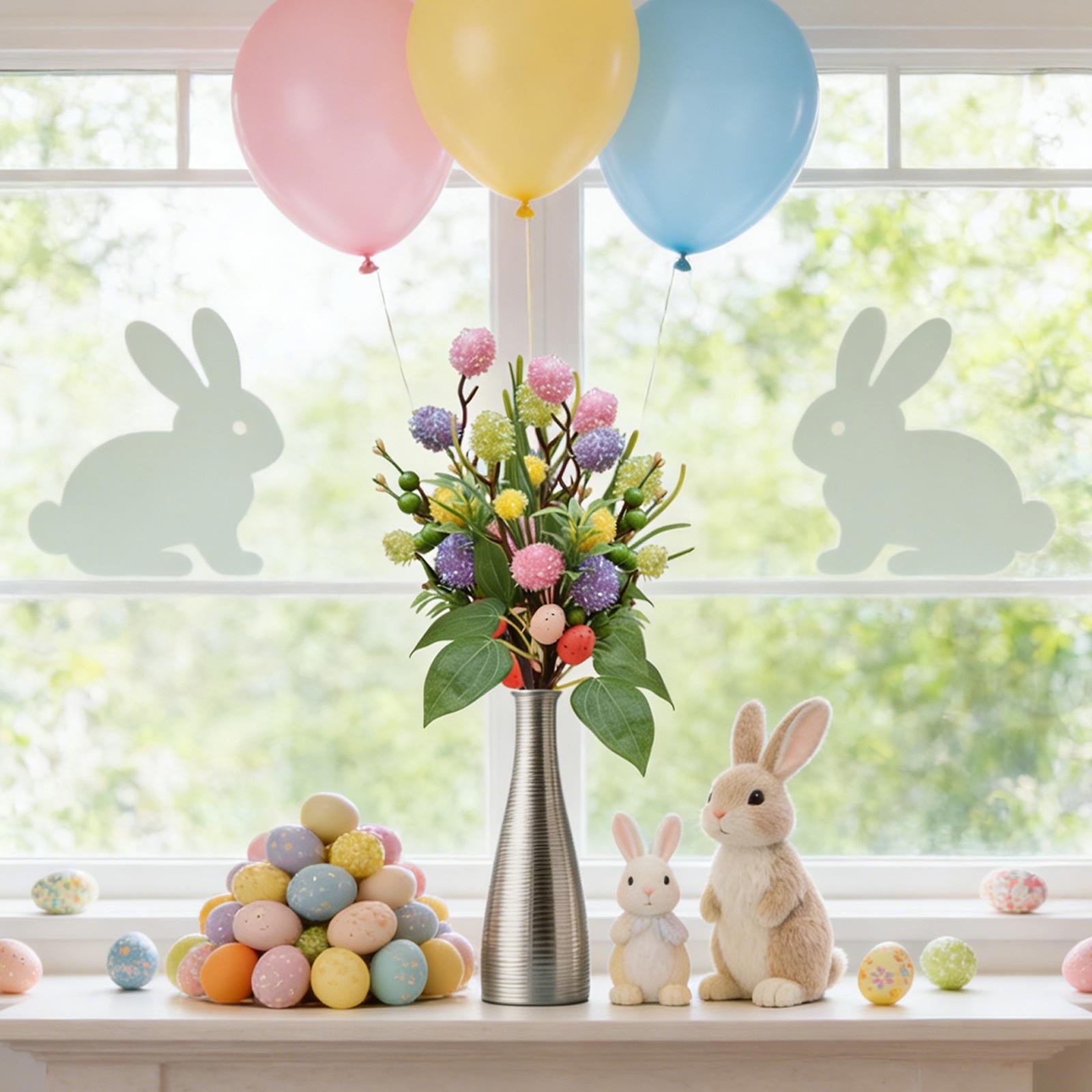 13 Inch Easter Egg Branch with Glitter Eggs & Fluff Balls, Artificial Spring Centerpiece Decor for Vase, Table, Home