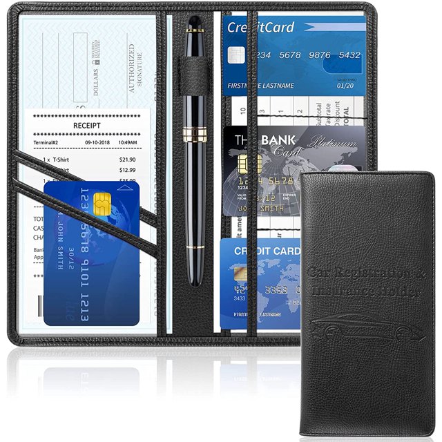 Car Registration and Insurance Holder, Vehicle Glovebox Organizer Wallet with Pen Strap for Insurance Documents,