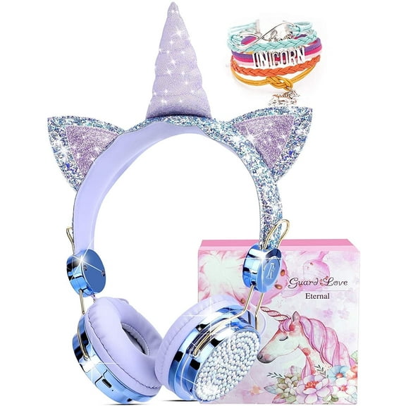 Qearfun Kids Headphones, Wireless Headphones for Toddler Unicorn Cat Ear Headphones for Boy Bluetooth Headphones with Mic Adjustable Headband, over on Ear Headset for Smartphones/School/Tablet/PC
