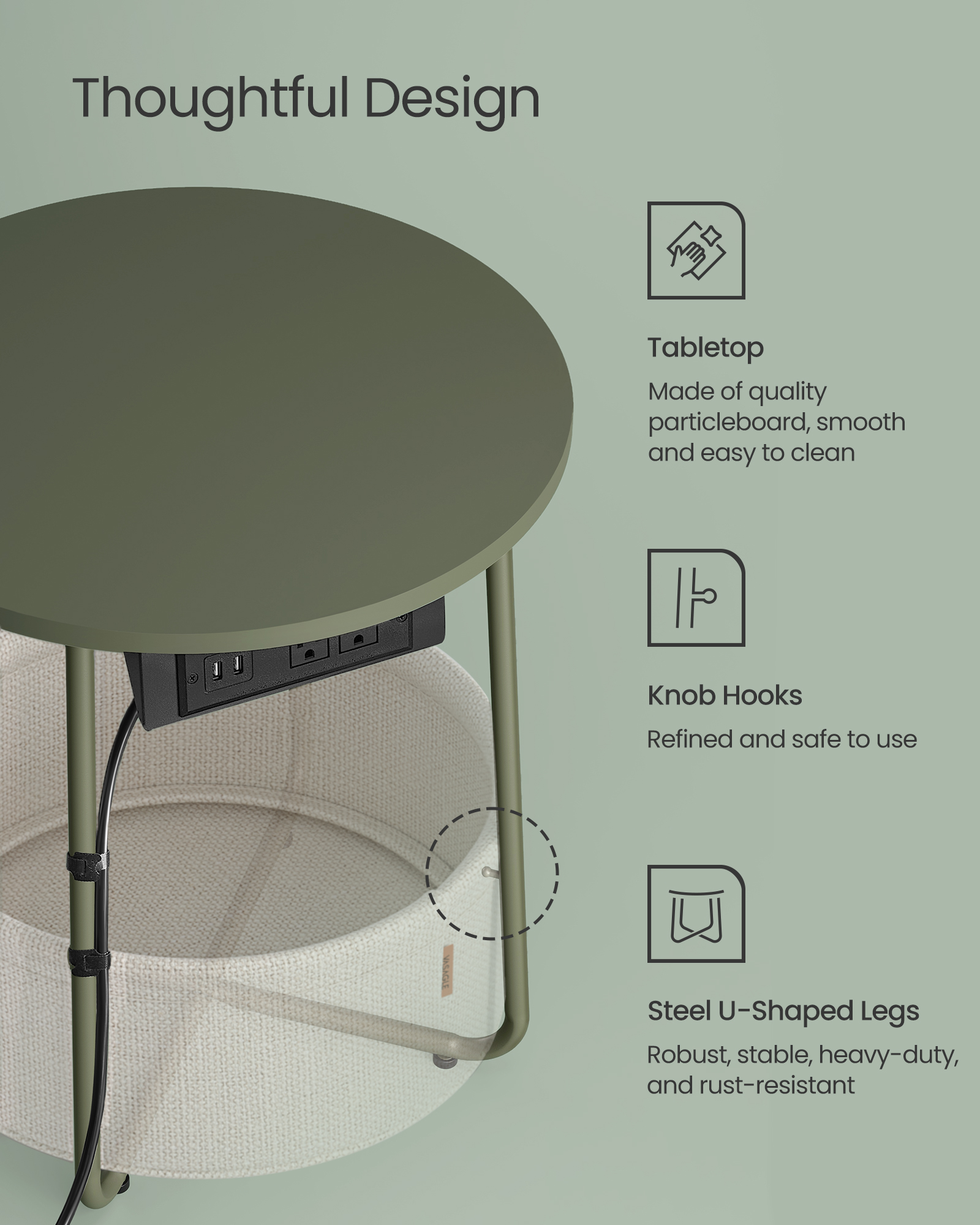 VASAGLE LILEA Collection - Side Table with Charging Station, Round End Table with Fabric Basket, Nightstand with USB Ports, for Living Room, Bedroom, Modern, Forest Green and Cream White