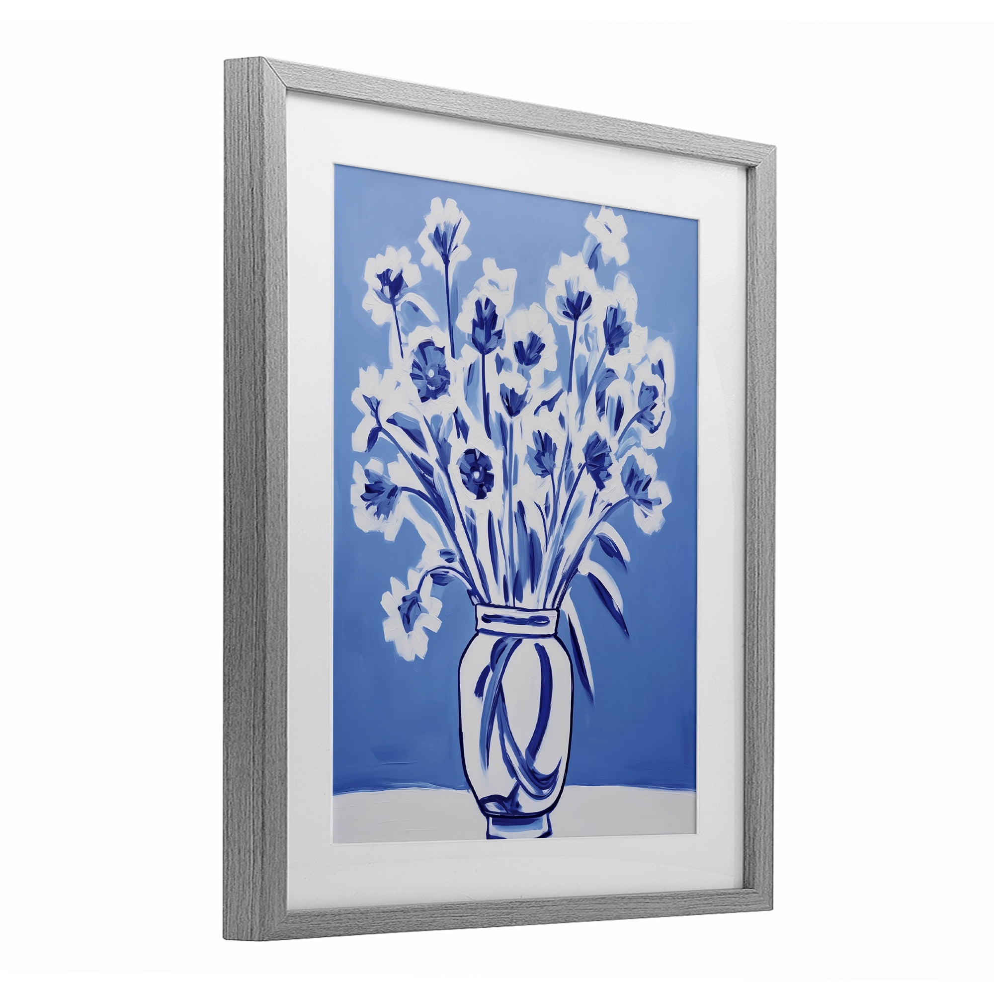 Blue & White Contrast Flowers Gray Framed Print Under Glass, design by Lettered and Lined