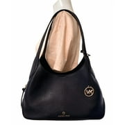 Michael Kors Kelsey Pebbled Leather MK Signature Large Shoulder Bag Purse[Black leather/Gold]