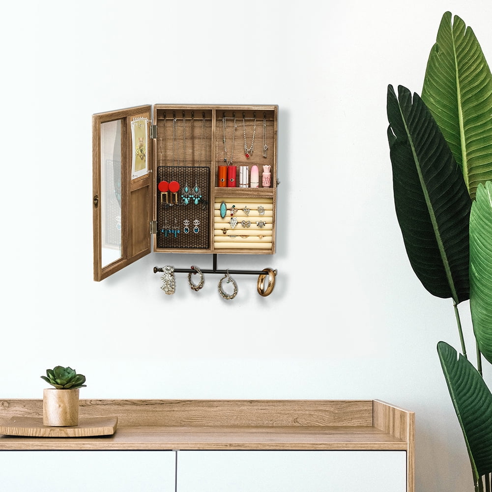 Private Jungle Wooden Jewelry Box With High-Grade Wall Barn Door Decoration, Jewelry Seat For Necklaces, Earrings, Bracelets, Rings - Brown
