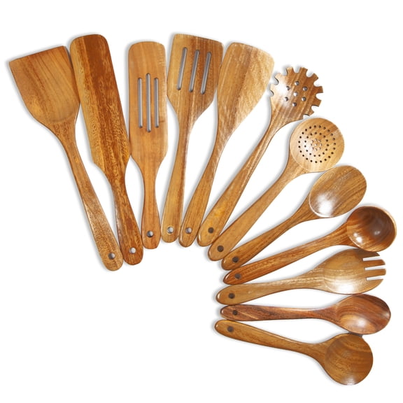 Wooden Spoons for Cooking, 12 Piece Acacia Wood Spoons & Spatulas, Heat Resistant Wooden Cooking Utensils, Non-Stick Safe Kitchen Cookware