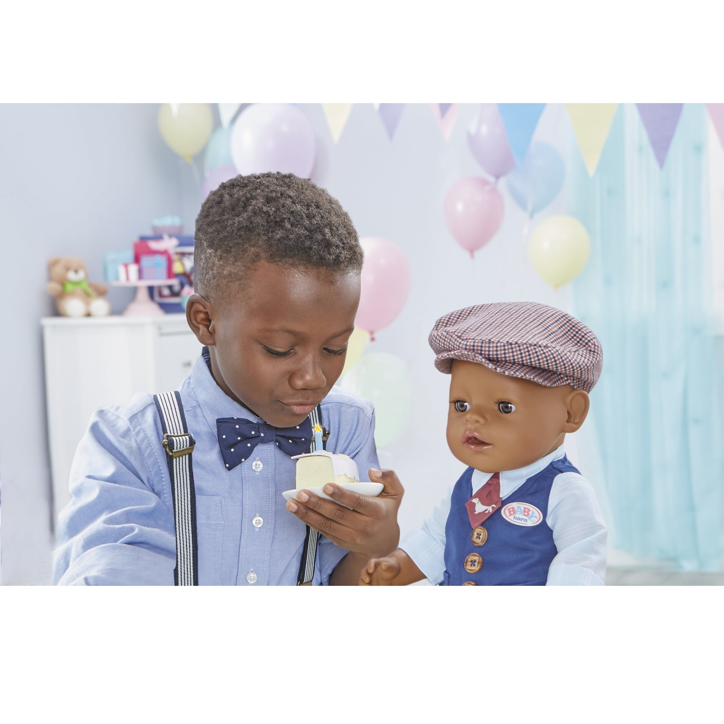 Baby Born Interactive Boy Baby Doll Party Theme with Brown Eyes, 9 Ways to Nurture (Eats, Drinks, Cries, Sleeps, Bathes, and Wets), Toys for Toddlers and Preschool Boys and Girls 2 3 4+