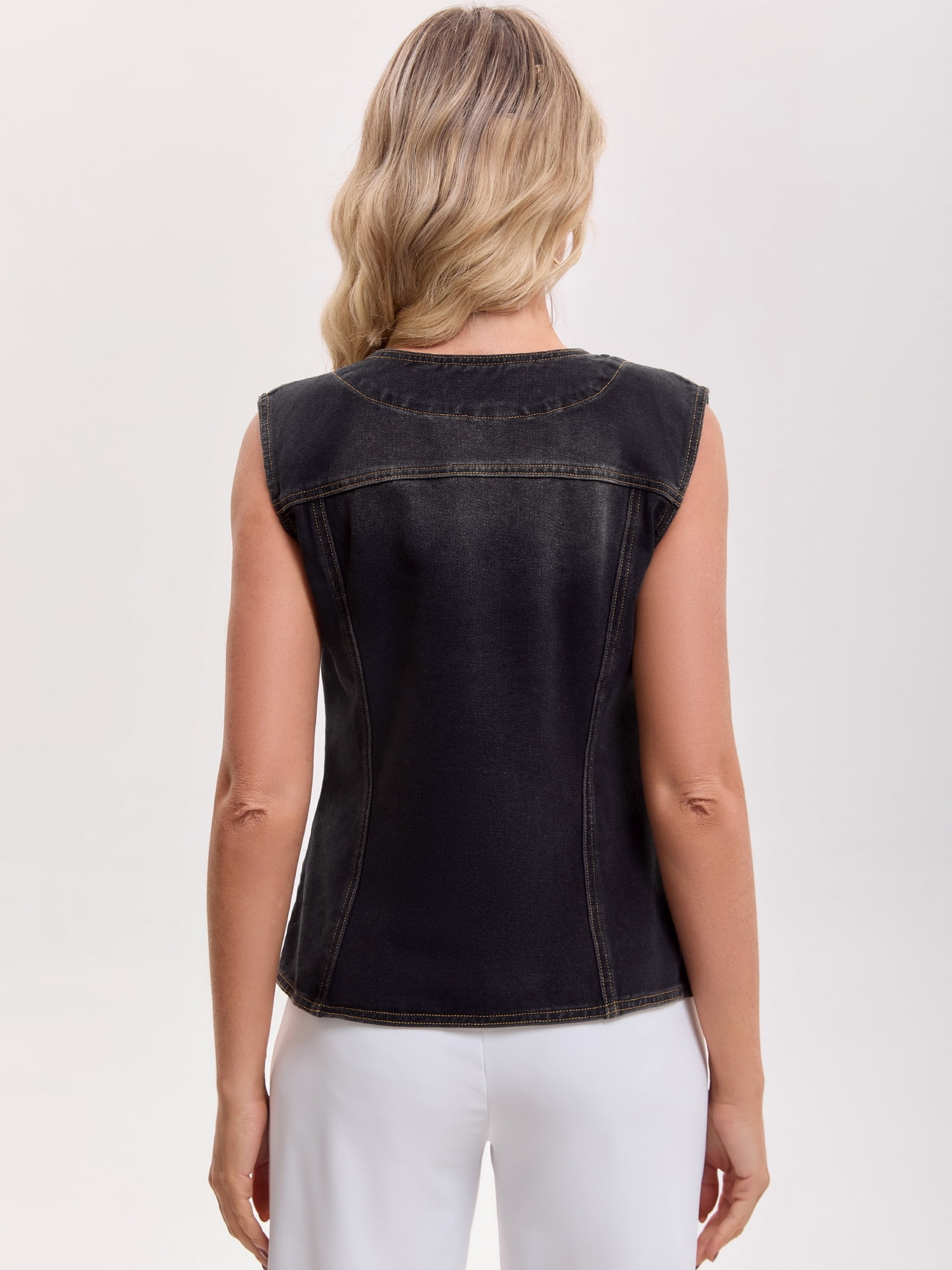 DARING DIVA Women's V Neck Patch Pockets Button Down Sleeveless Jacket M Black