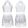 thumbnail image 3 of Traje de baile latino de Samba para niños y niñas, traje de baile con lentejuelas, Top con cuello Halter calado, pantalones cortos con flecos y lentejuelas, 3 of 5