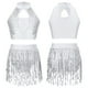 thumbnail image 3 of Traje de baile latino de Samba para niños y niñas, traje de baile con lentejuelas, Top con cuello Halter calado, pantalones cortos con flecos y lentejuelas, 3 of 5