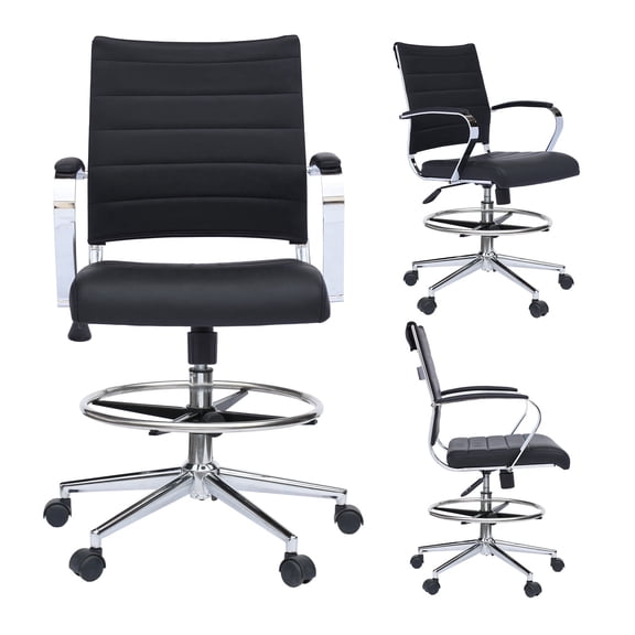 Homelala Black Office Drafting Chair Ribbed Padded Open Mid Back With Wheels and Arms For Home Office Conference Room Tilt Ribbed Adjustable Height Swivel and Foot Rest, Set of 1, 1 piece