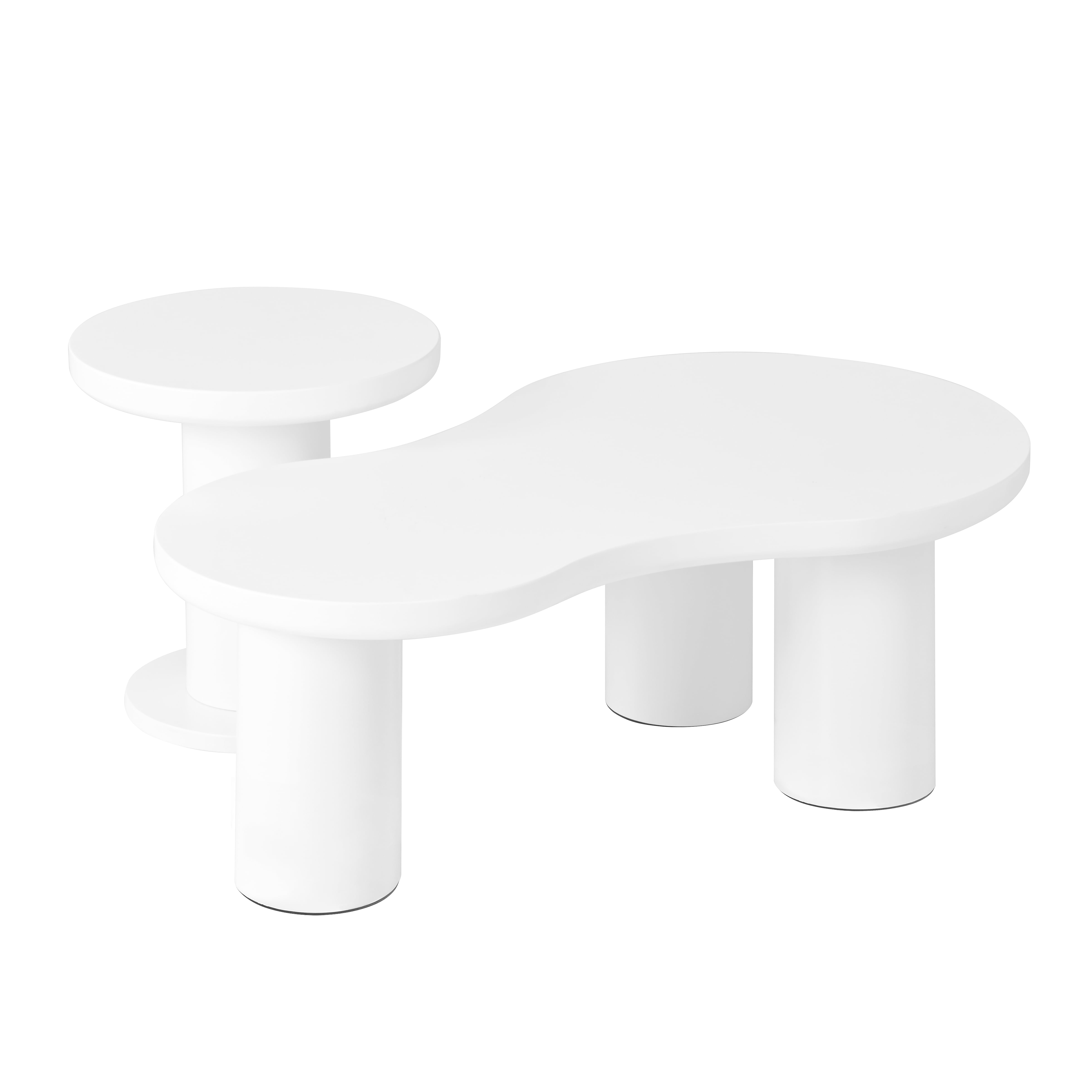 MAYEERTY Easy Assembly Nesting Coffee Table Set of 2, Cream Cloud Coffee Table & Round Side Table, Irregular Modern Center Table with Thick Legs for Living Room, White, 39.3" x 13.7", 15.7"
