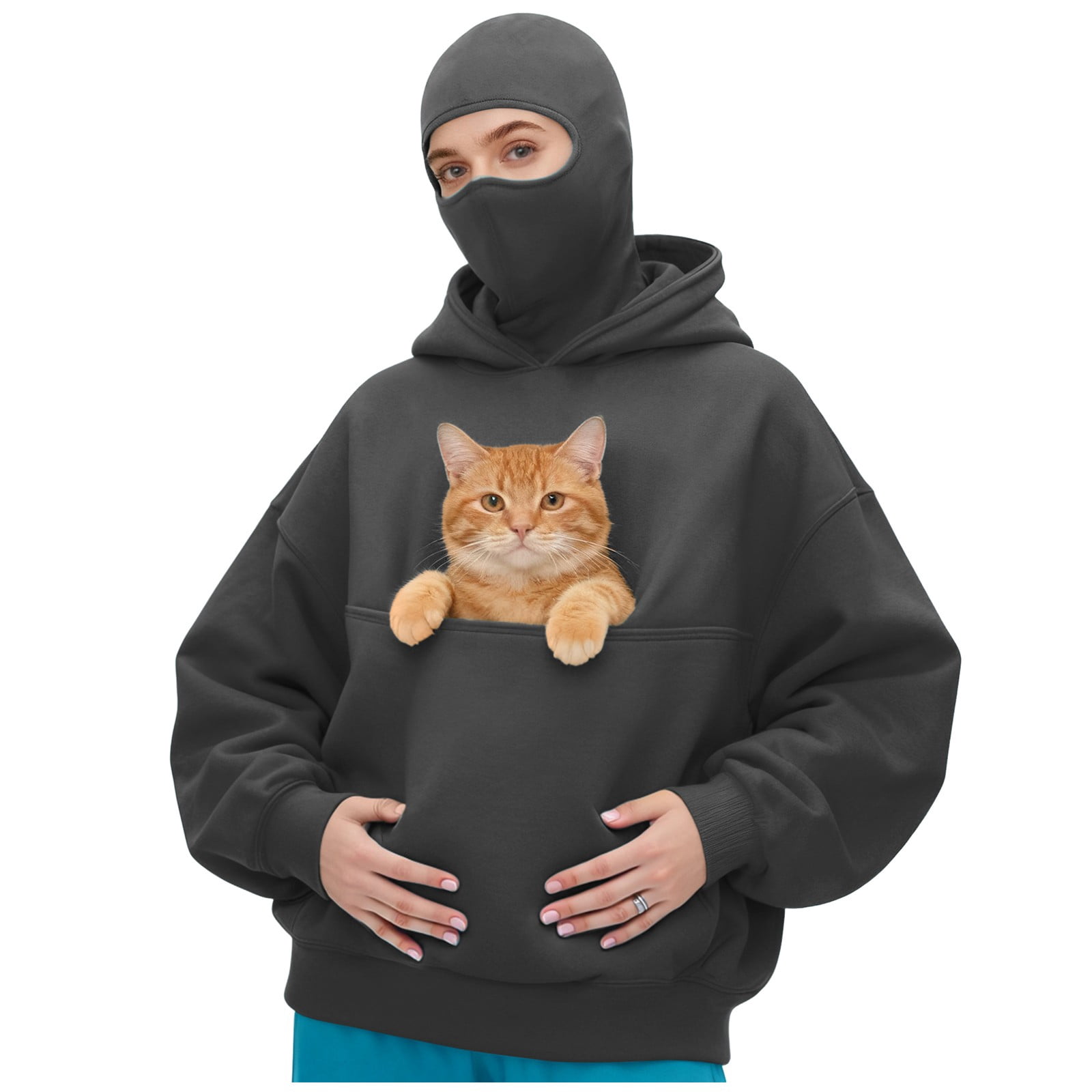idosla Balaclava Ninja Hoodie with Built In Balaclava Unisex Women Long Sleeved Warm Pet Pocket and Winter Streetwear Sportswear Hoodies (Grey, S)