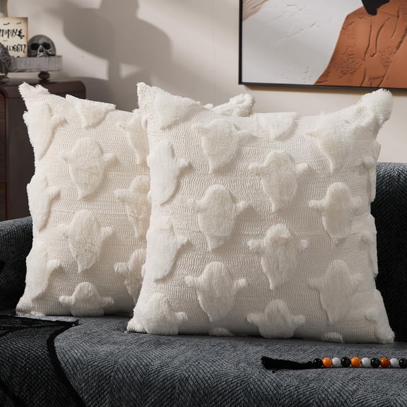 Halloween Pillow Covers 18x18 inch Set of 2, White Ghost Throw Pillow Cases Soft Plush Faux Fur Wool Couch Cushion Case for Chair Sofa Bedroom Living Room Home Decor