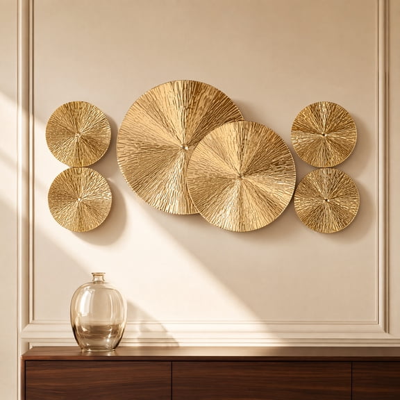Homoyoyo Set of 6 Golden Sunburst Metal Wall Art Sculptures for Modern Living Room Home Decor with Stylish Disc Design