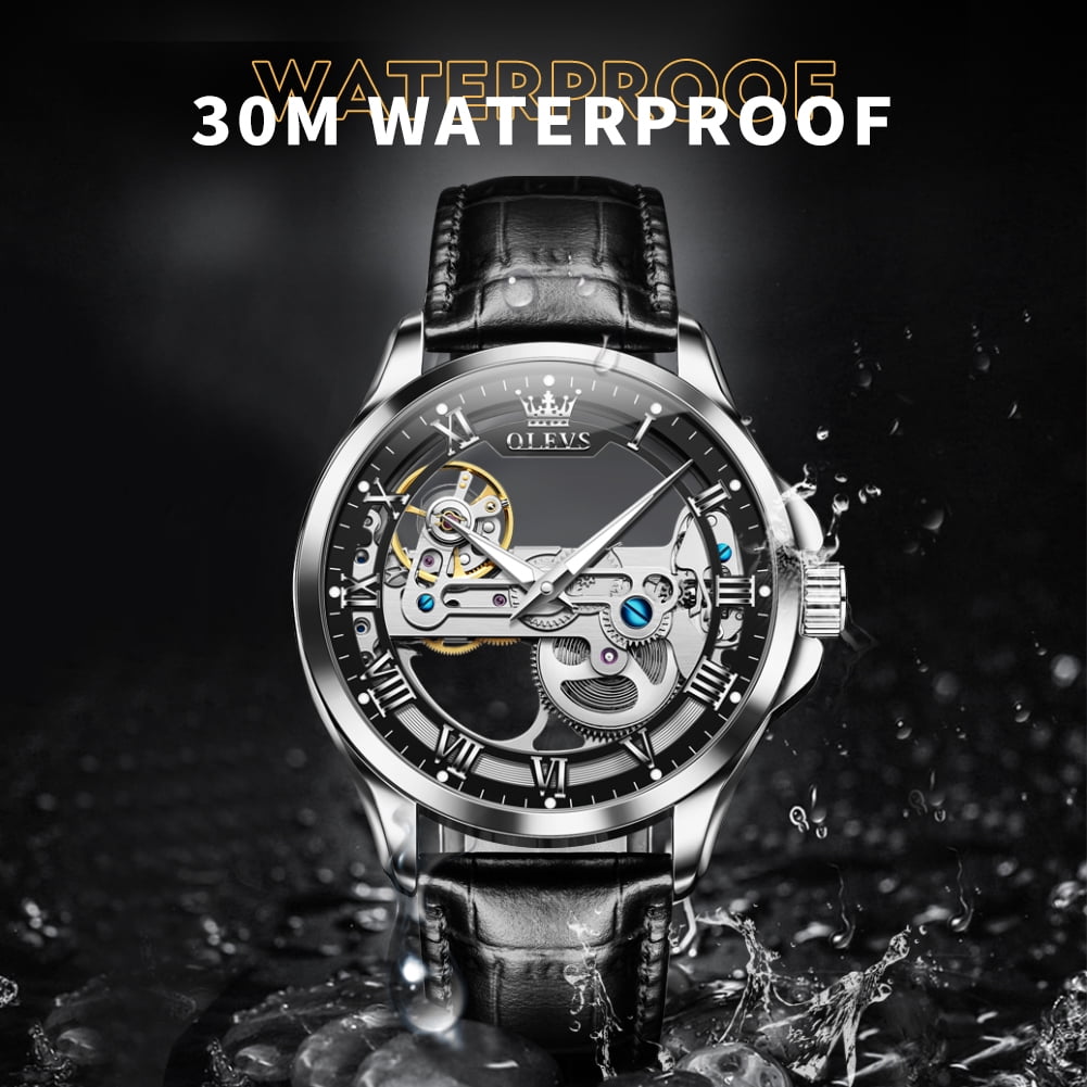 OLEVS Automatic Watches for Men Skeleton Black Leather Band Large Face Self Winding Mechanical Mens Dress Watches Waterproof Easy to Read Luminous Business Casual Mens Wrist Watches Reloj Para Hombre