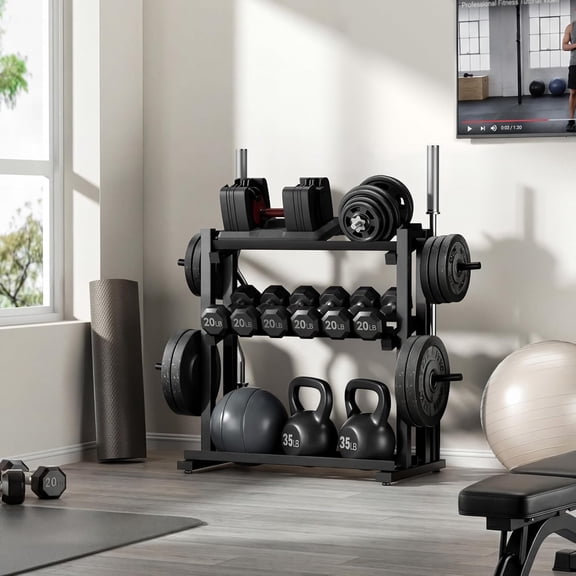 3-Tier Heavy-Duty Dumbbell and Plate Rack with 1200LB Capacity Adjustable Storage Stand for Home Gym