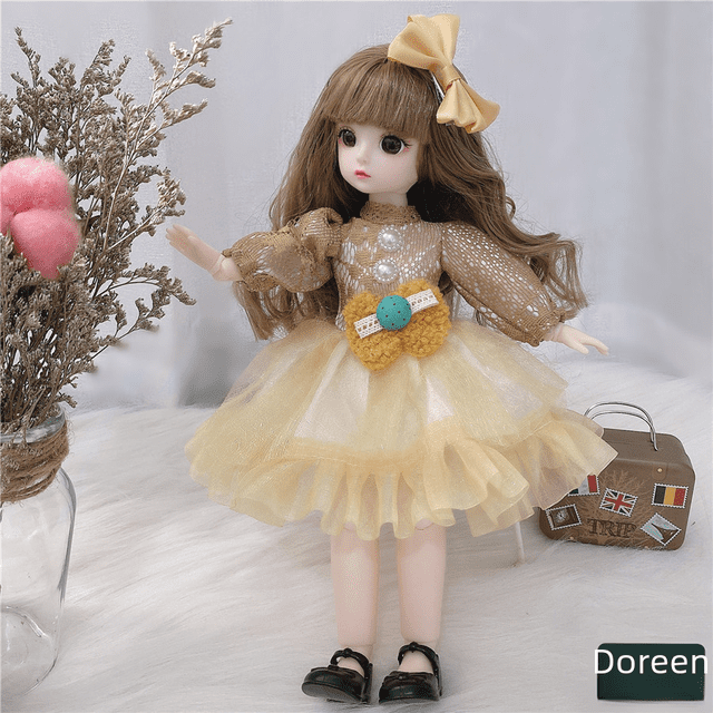 muñeca de cuerpo gordo de 30 cm, conjunto de pequeña princesa en vestido amarillo y lazo, ojos 3D y 12 articulaciones; muñeca BJD de pelo castaño ondulado, zapatos negros y bolso decorativo sobre fondo neutro, juguete ideal para juego imaginativo de niños de 4 a 6 años y que a menudo se usa también como figura de exhibición.