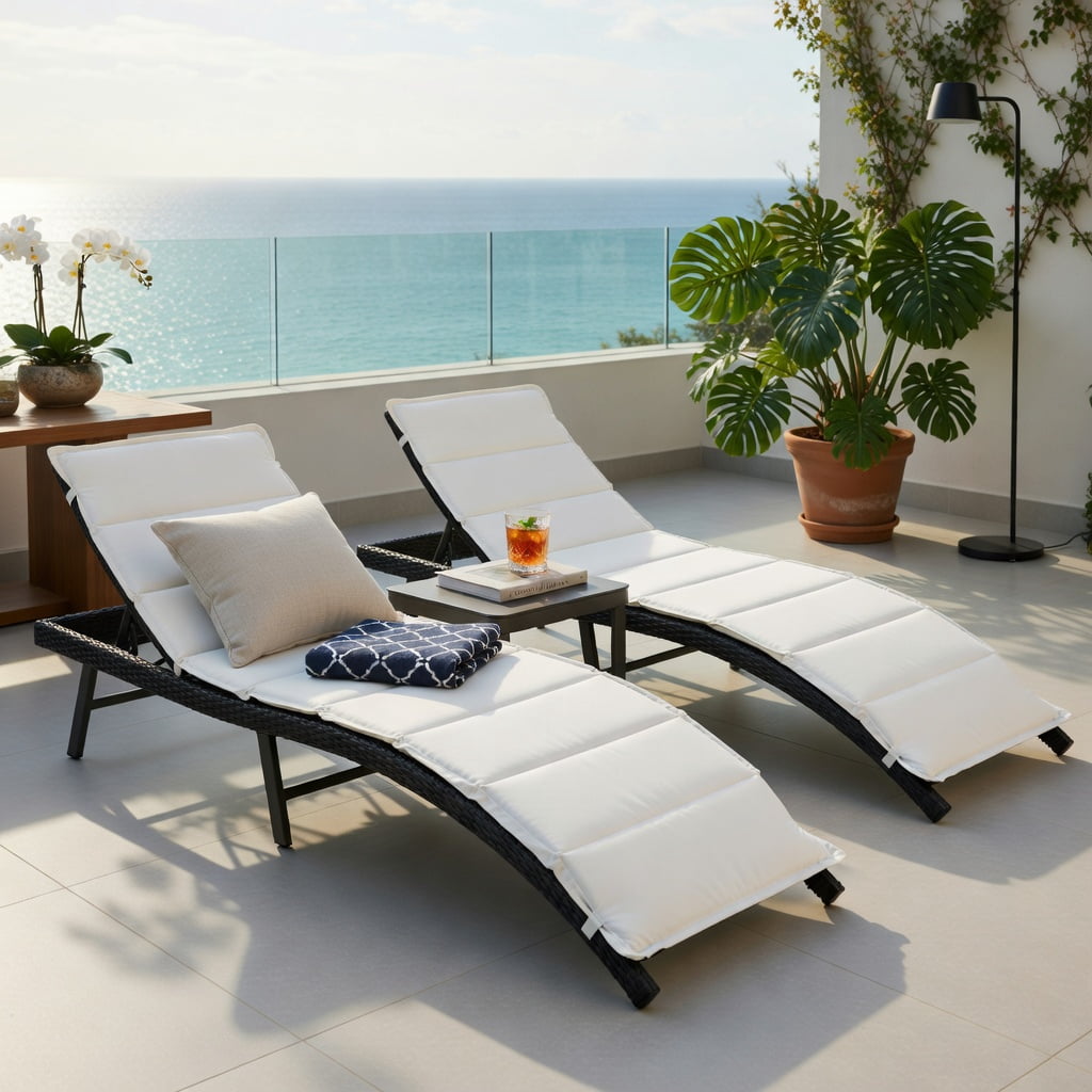 Hommoo 2-Pack Foldable Outdoor Chaise Lounge Chairs with Cushions, PE Rattan & Steel Frame, Poolside Patio Beach Loungers, Red