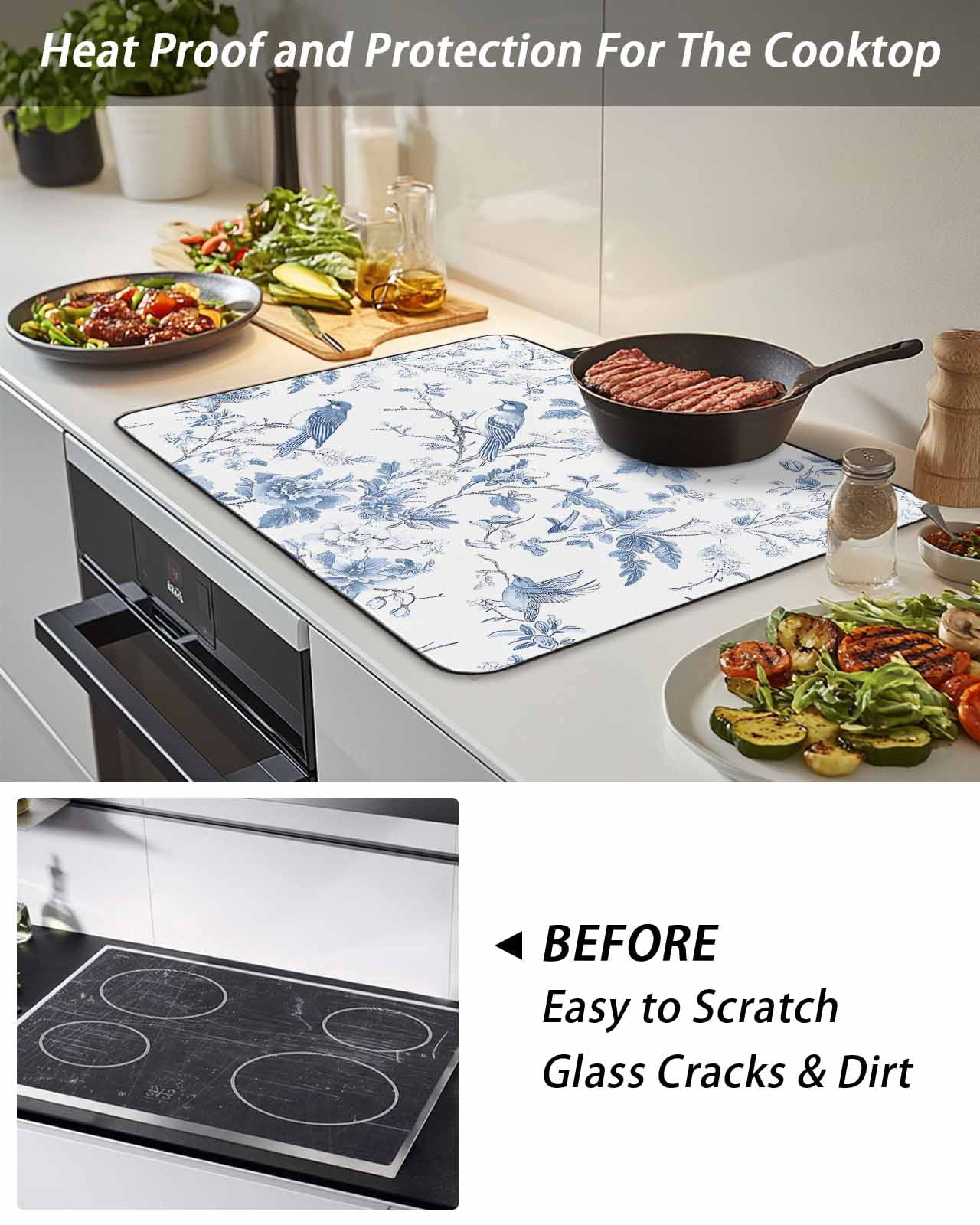 Stove Top Covers for Electric Stove, White Blue Spring Floral Glass Stovetop Cover Protector, Summer Birds Botanical Induction Cooktop Protector Oven Mat for Kitchen Countertop 24"x21"