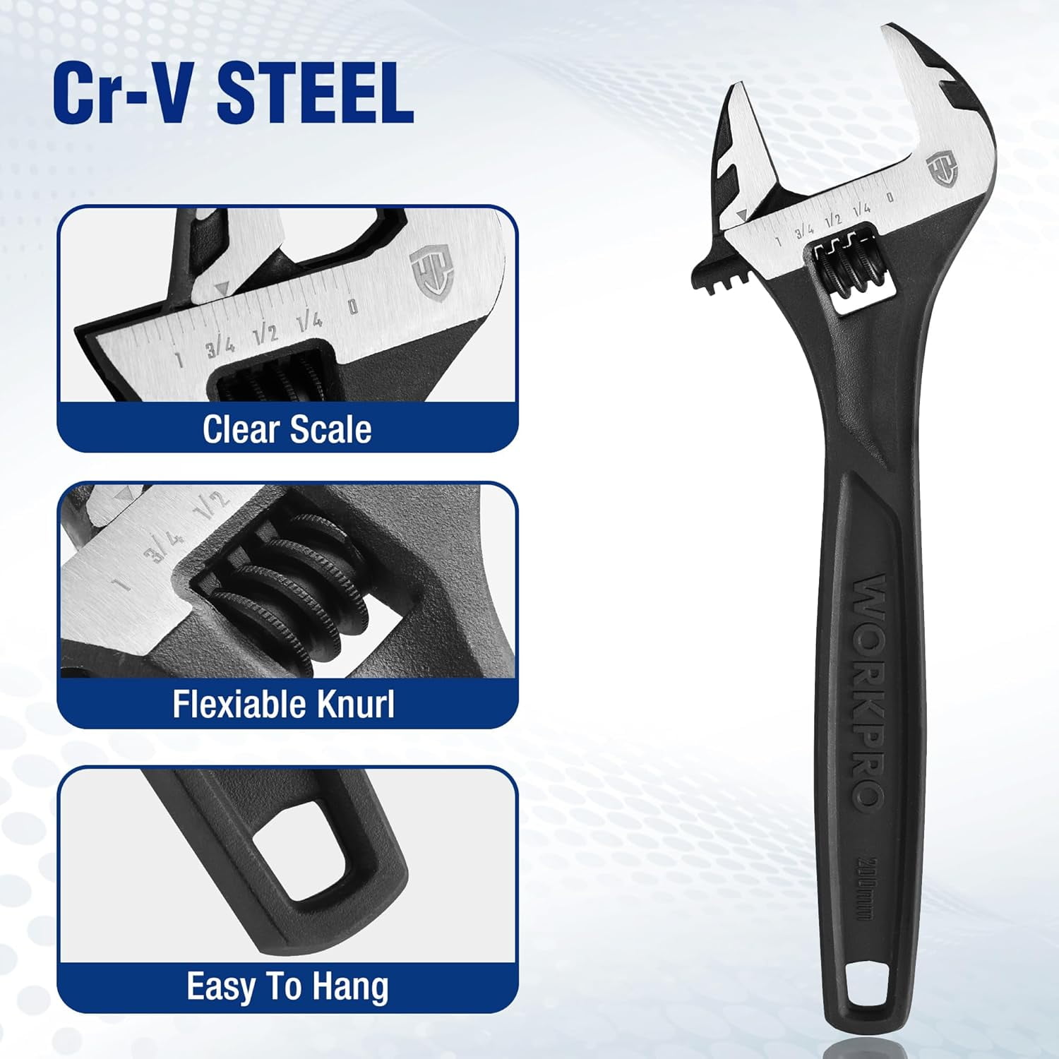 8" Adjustable Wrench, Black Oxide Wrench 8 Inch with Inch/Metric Scale, Premium Cr-V Steel