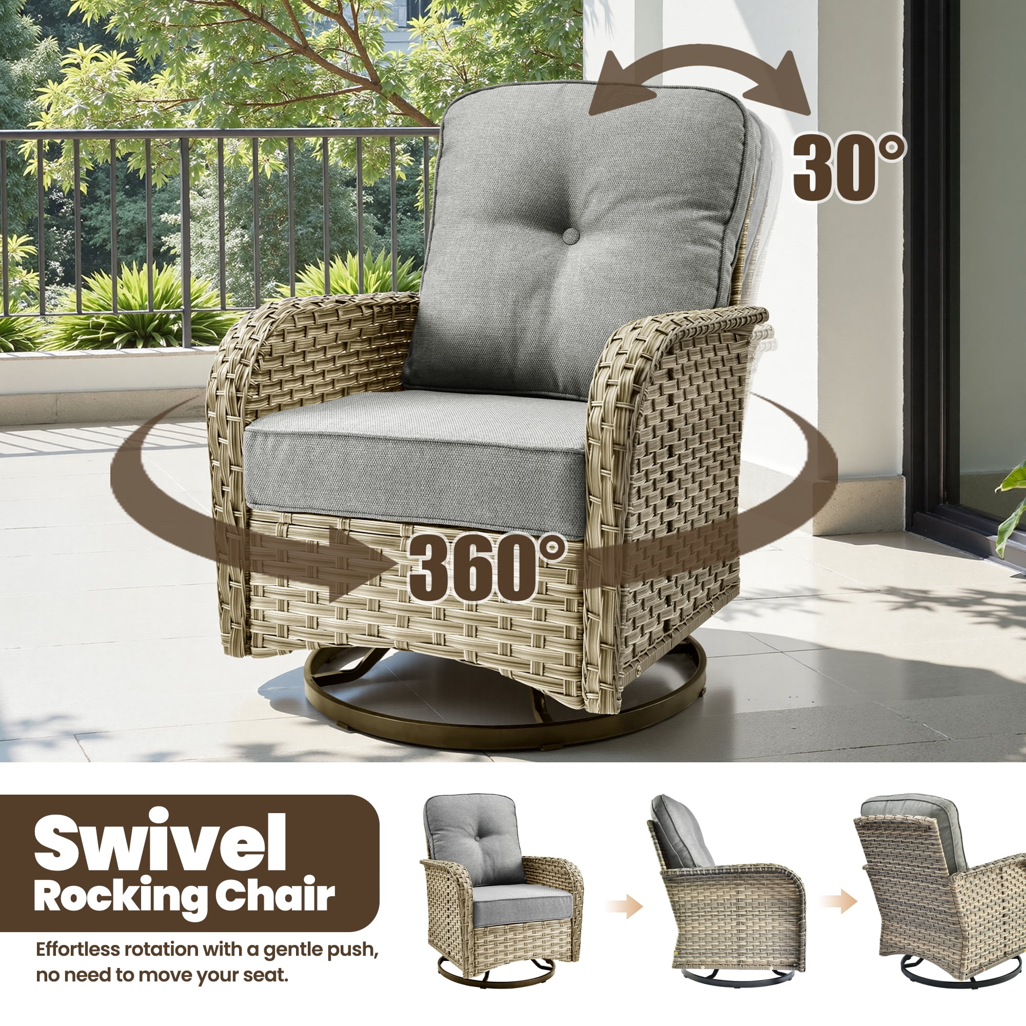 Toject 9 Pieces Patio Furniture Set Outside Furniture Wicker Patio Conversation Set with Swivel Chairs, Outdoor Furniture for Garden, Dark Gray