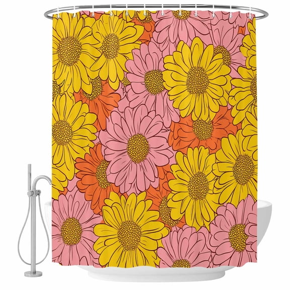 Floral Fabric Shower Curtain Yellow Pink Orange Washable Shower Curtains for Bathroom, Waterproof Bath Curtain with Hooks Home Decor 72x84in