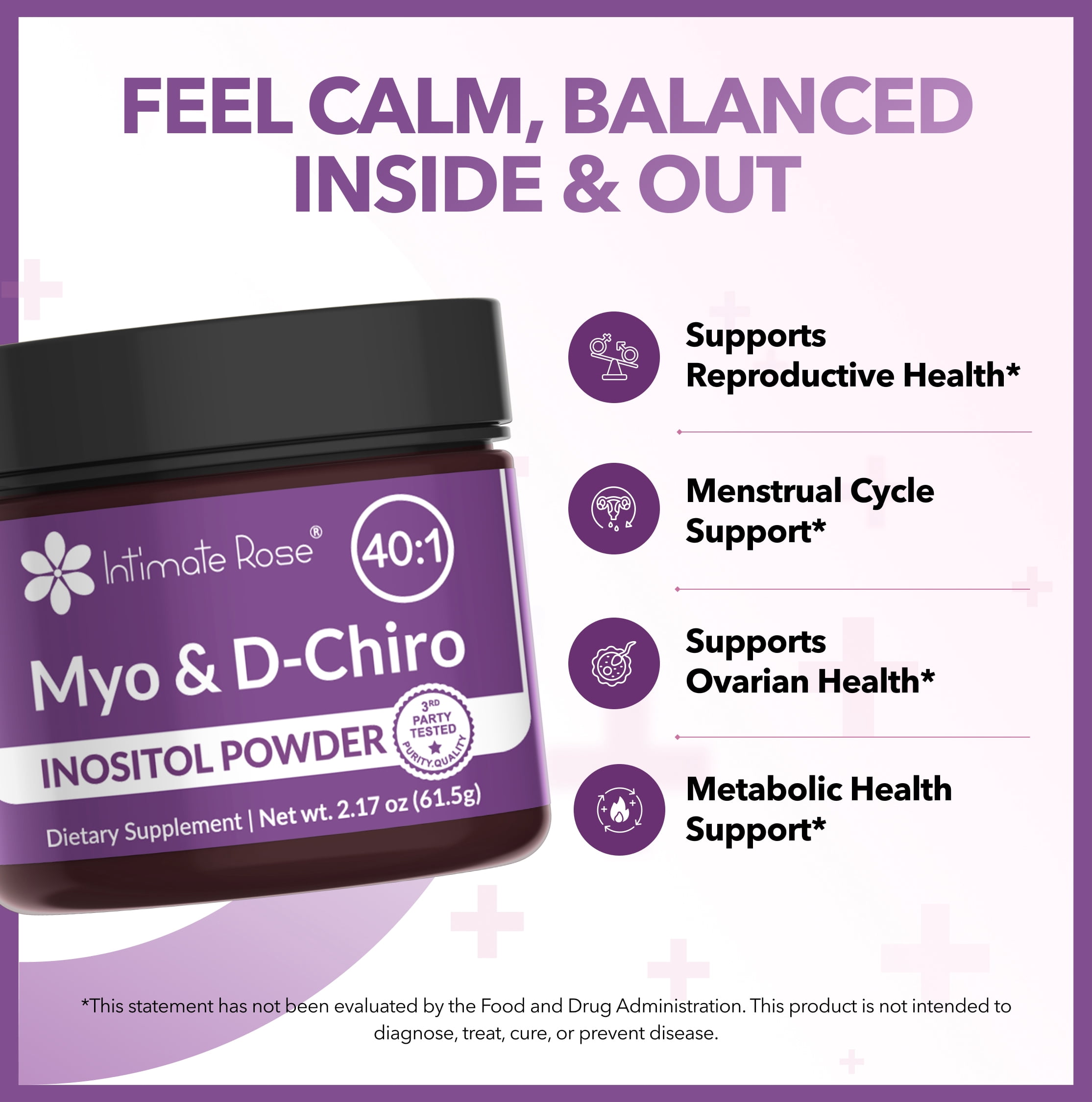 Intimate Rose Inositol Supplement for Women Powder - Myo-inositol & D-Chiro Inositol Powder - Hormonal Balance & Healthy Ovarian Function Support for Women - Ideal 40:1 Ratio - Made in USA